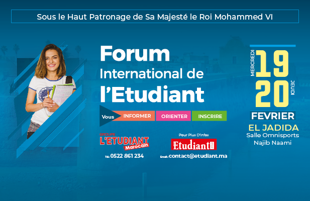 Le Groupe l’Etudiant Marocain organise la 20 ème édition du Forum de l’Etudiant d’El Jadida, les mercredi 19 et jeudi 20 février 2020 à la Salle Couverte Najib Naâmi.